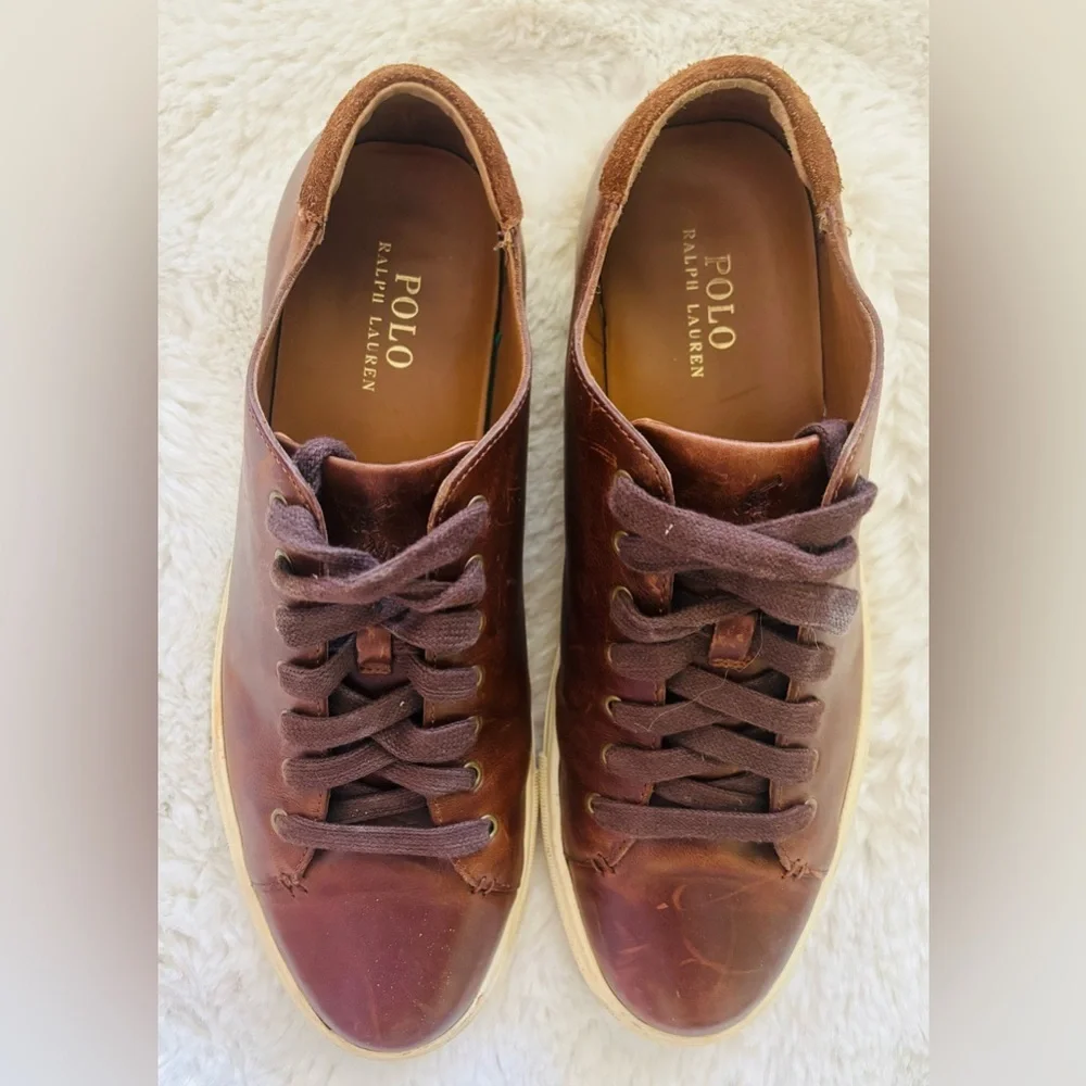 Polo Ralph Lauren Saddle Tan Brown Jermain Leather Trainer Sneaker Shoe Size 12